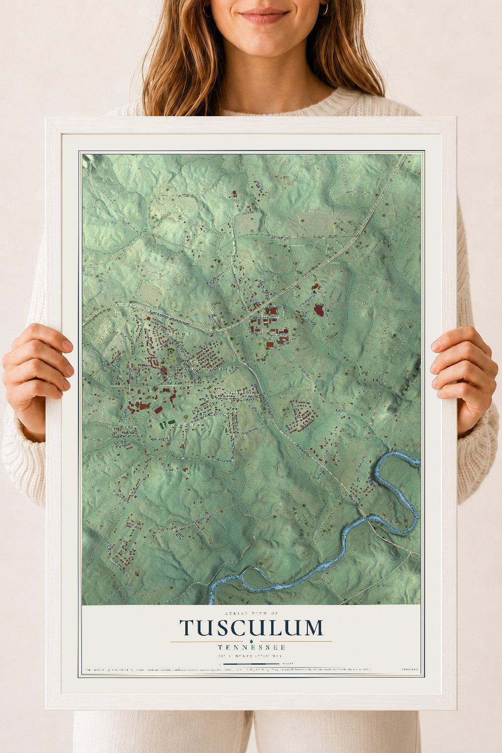 Map of Tusculum, Tennessee, 18 x 24 inch print in a white wood frame