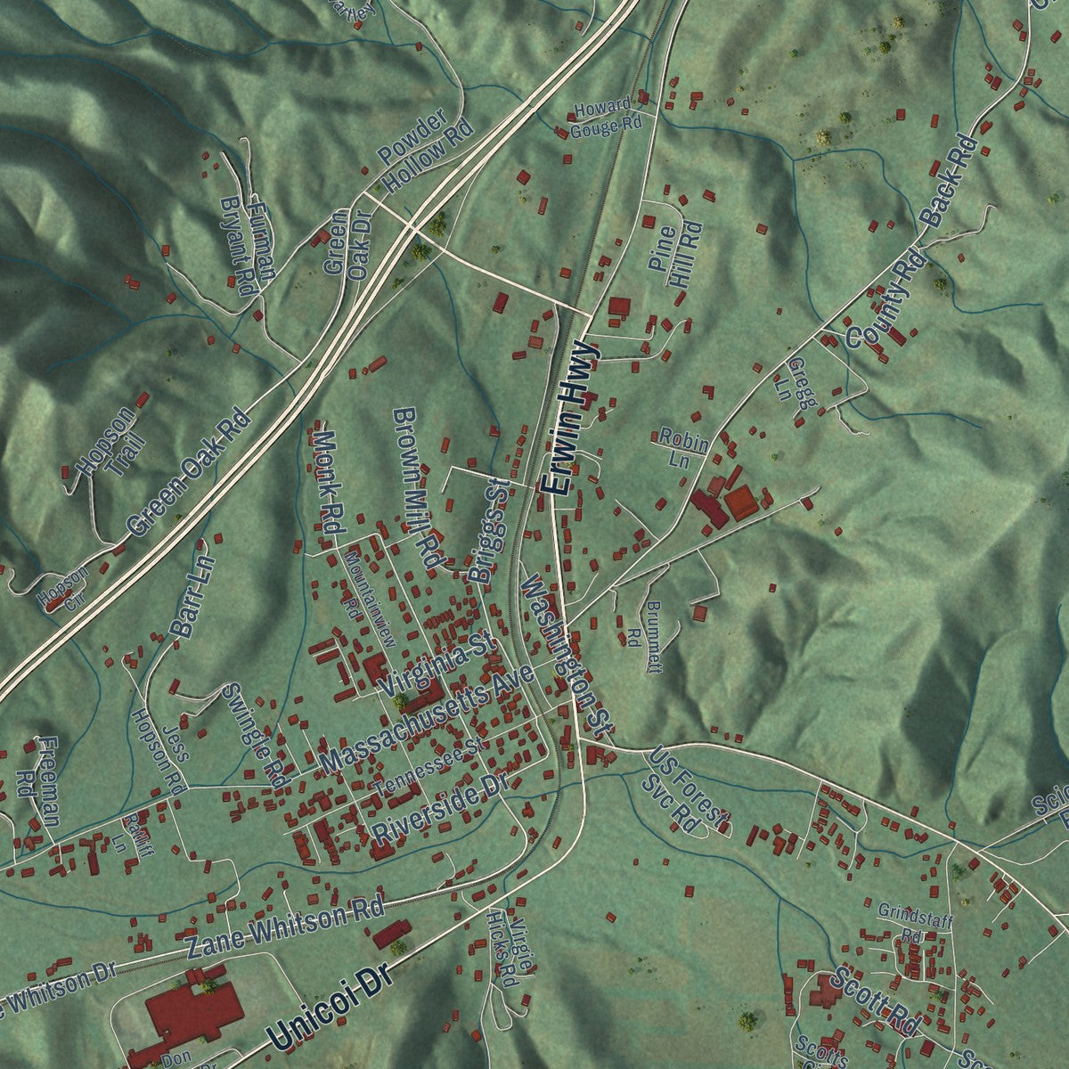 Close-up of the map of Unicoi, Tennessee print showing street and building detail