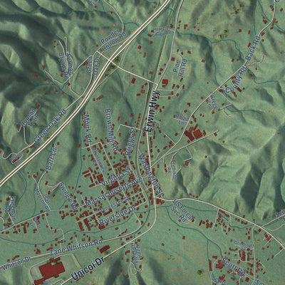 Close-up of the map of Unicoi, Tennessee print showing street and building detail