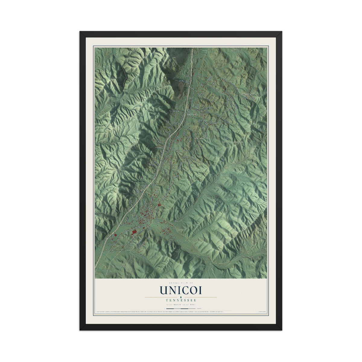 Map of Unicoi, Tennessee, 12 x 18 inch print in a black wood frame