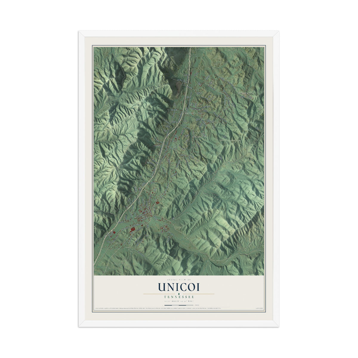Map of Unicoi, Tennessee, 12 x 18 inch print in a white wood frame