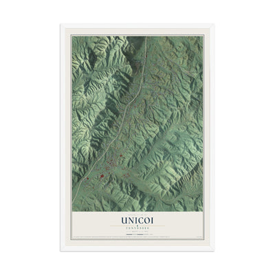 Map of Unicoi, Tennessee, 12 x 18 inch print in a white wood frame
