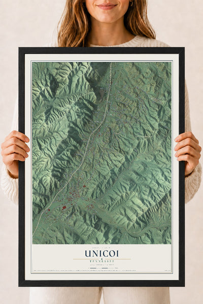 Map of Unicoi, Tennessee, 18 x 24 inch print in a black wood frame