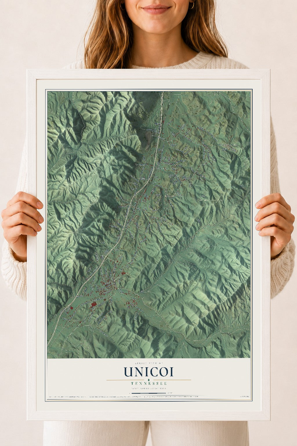 Map of Unicoi, Tennessee, 18 x 24 inch print in a white wood frame