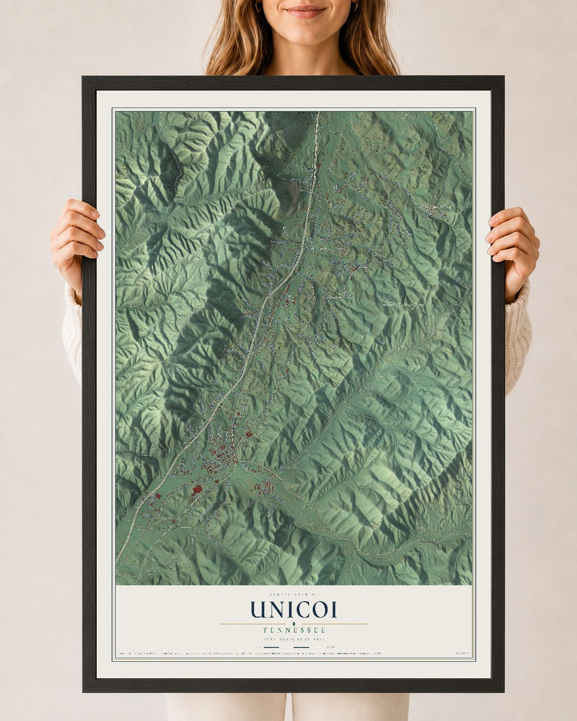 Map of Unicoi, Tennessee, 24 x 36 inch print in a black wood frame