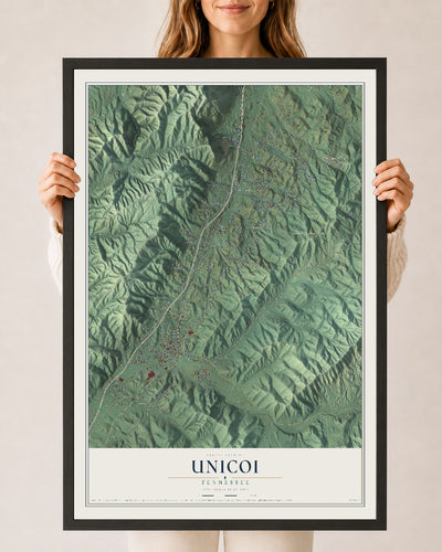 Map of Unicoi, Tennessee, 24 x 36 inch print in a black wood frame
