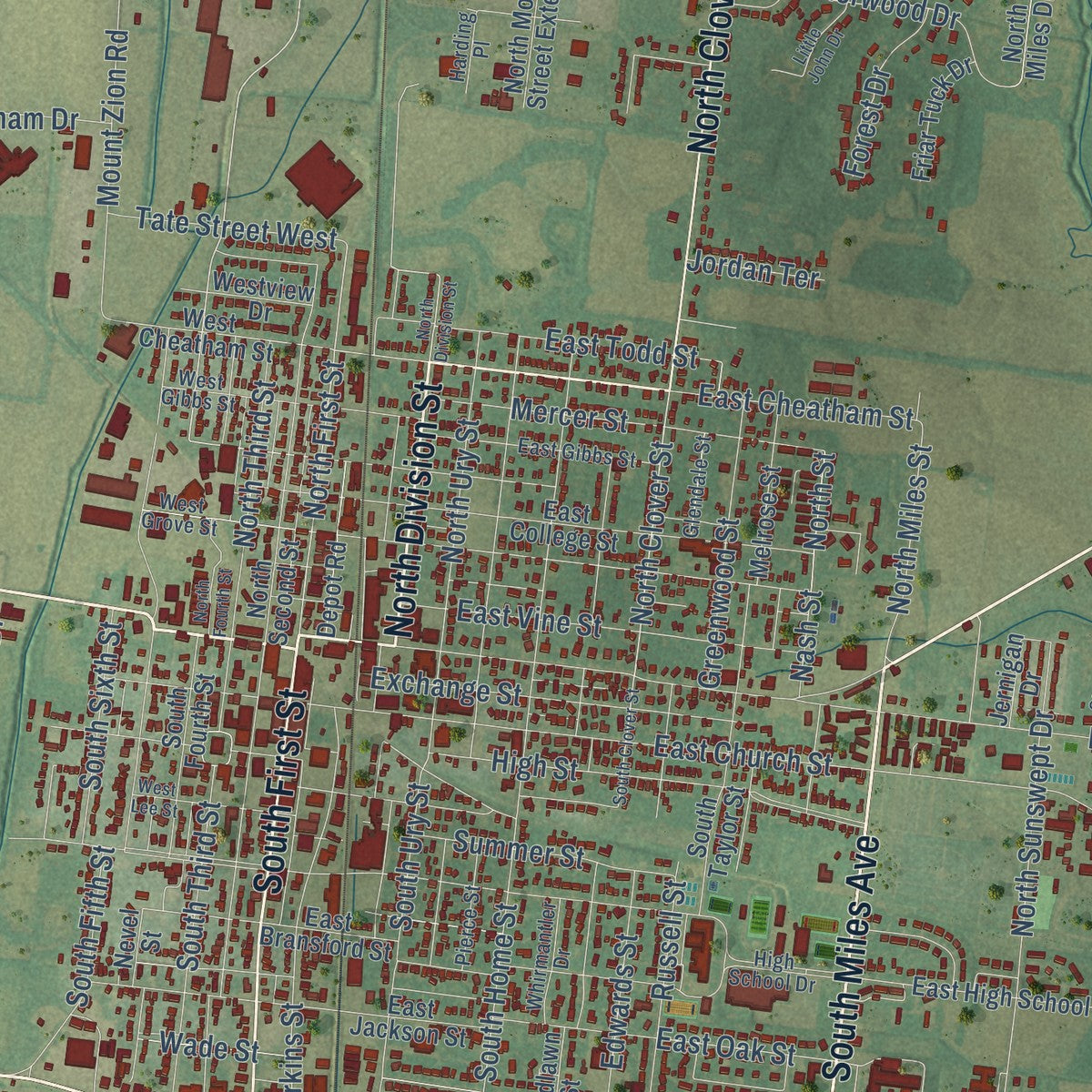 Close-up of the map of Union City, Tennessee print showing street and building detail
