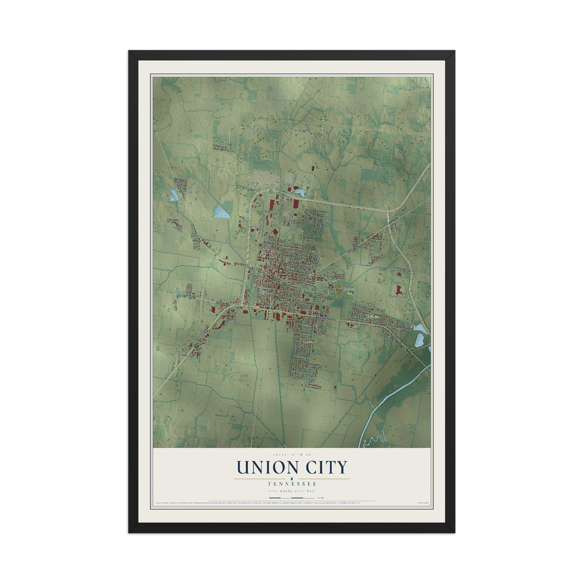 Map of Union City, Tennessee, 12 x 18 inch print in a black wood frame