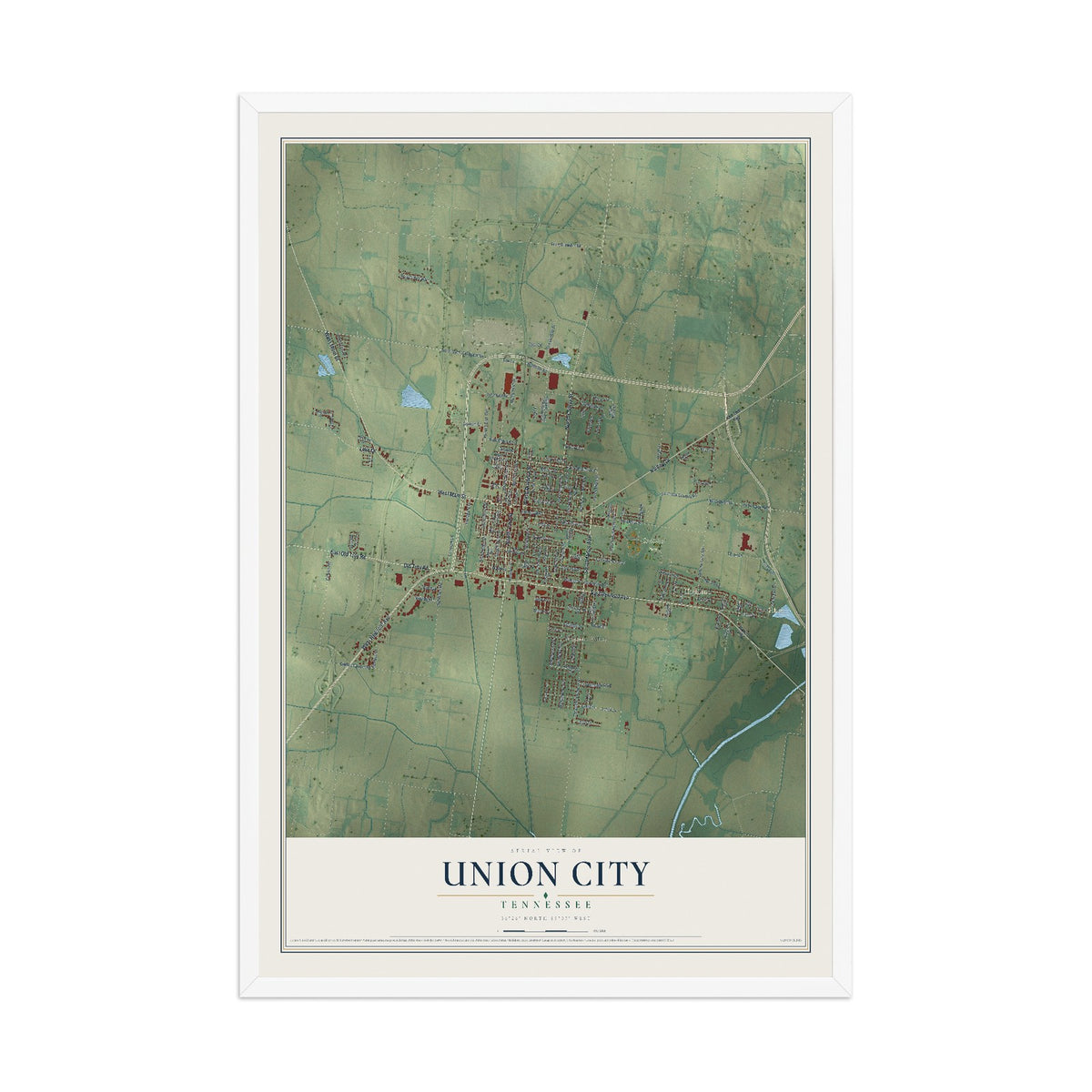 Map of Union City, Tennessee, 12 x 18 inch print in a white wood frame