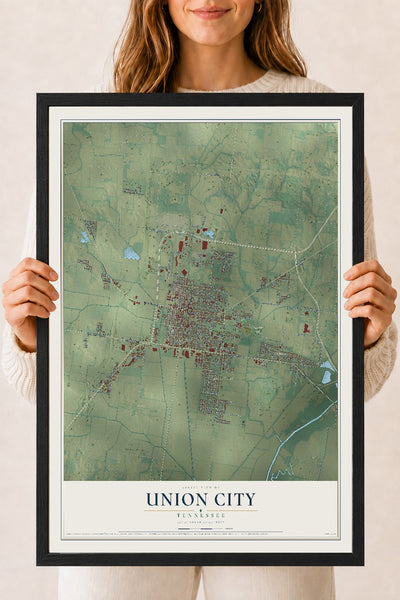 Map of Union City, Tennessee, 18 x 24 inch print in a black wood frame