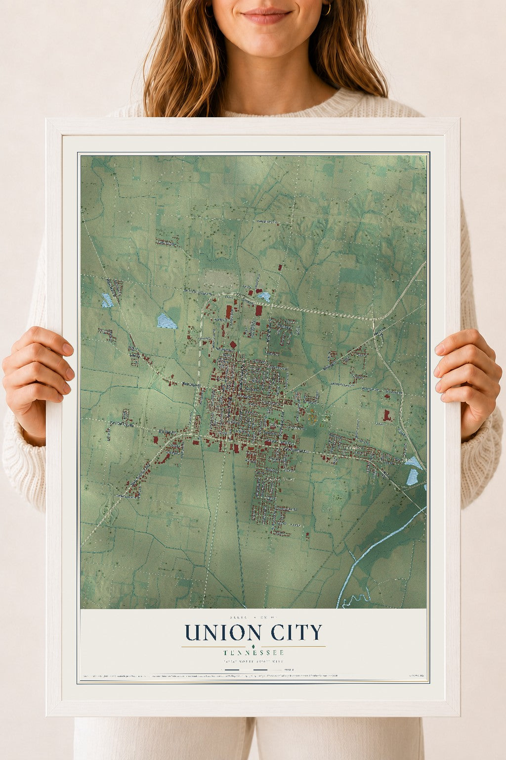 Map of Union City, Tennessee, 18 x 24 inch print in a white wood frame