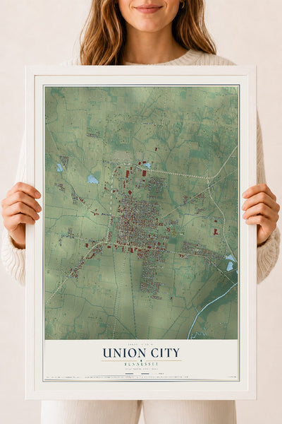 Map of Union City, Tennessee, 18 x 24 inch print in a white wood frame
