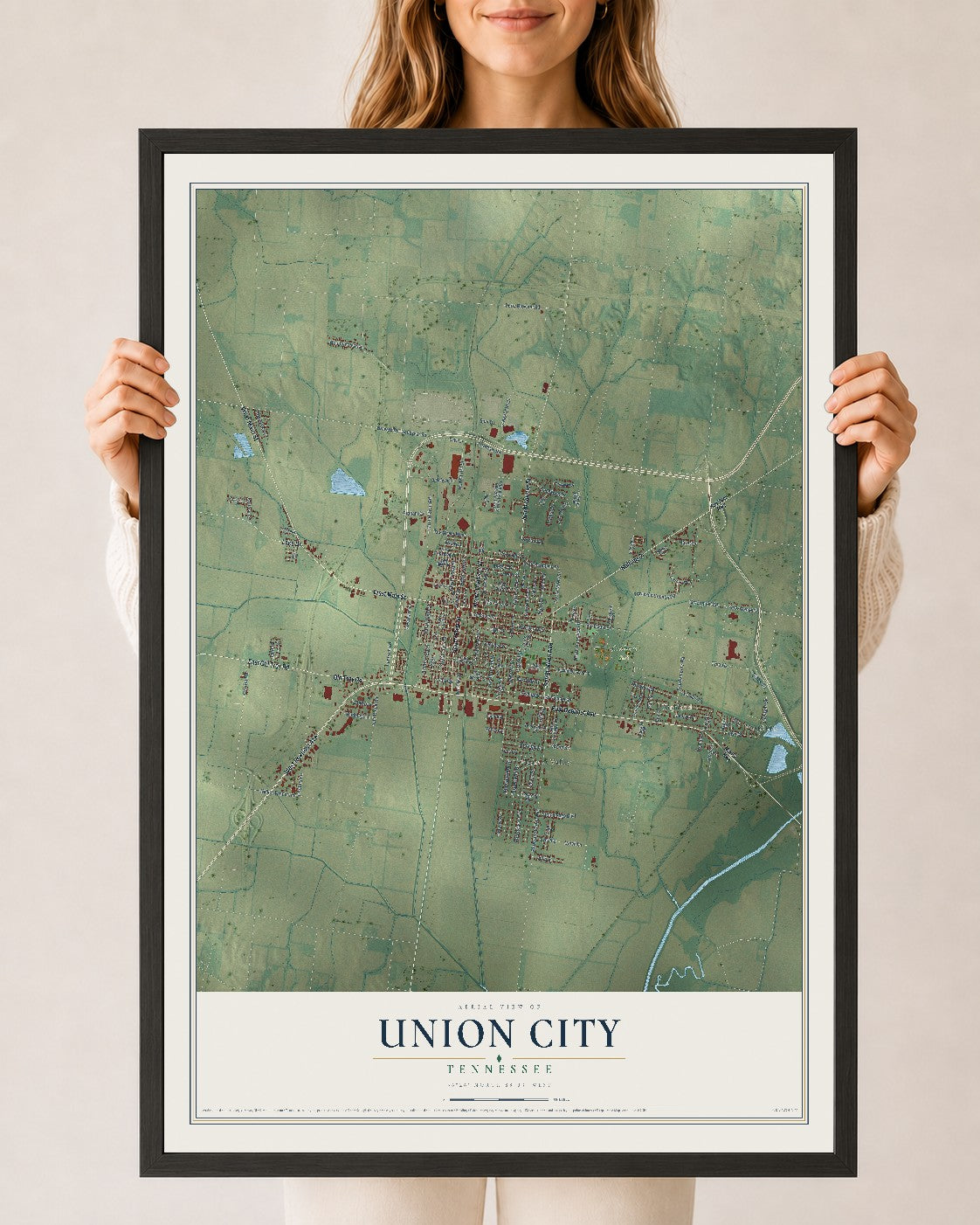 Map of Union City, Tennessee, 24 x 36 inch print in a black wood frame