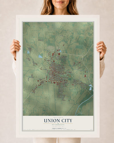 Map of Union City, Tennessee, 24 x 36 inch print in a white wood frame
