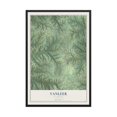 Map of Vanleer, Tennessee, 12 x 18 inch print in a black wood frame