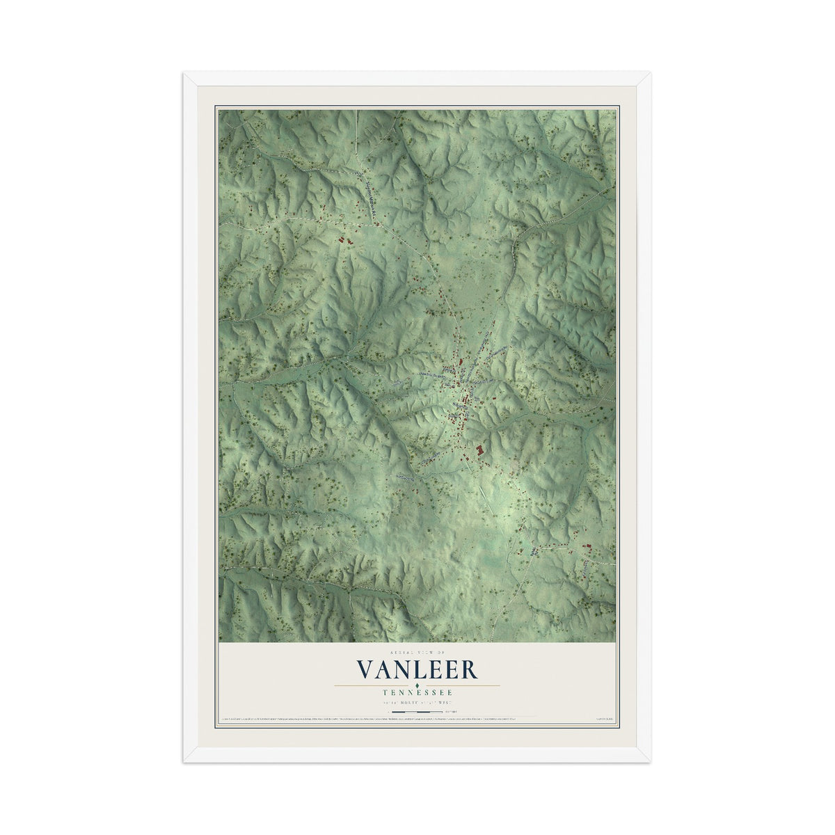 Map of Vanleer, Tennessee, 12 x 18 inch print in a white wood frame