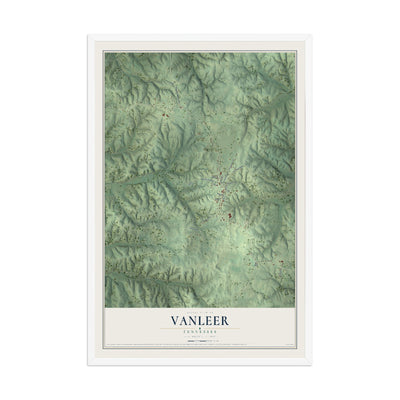 Map of Vanleer, Tennessee, 12 x 18 inch print in a white wood frame