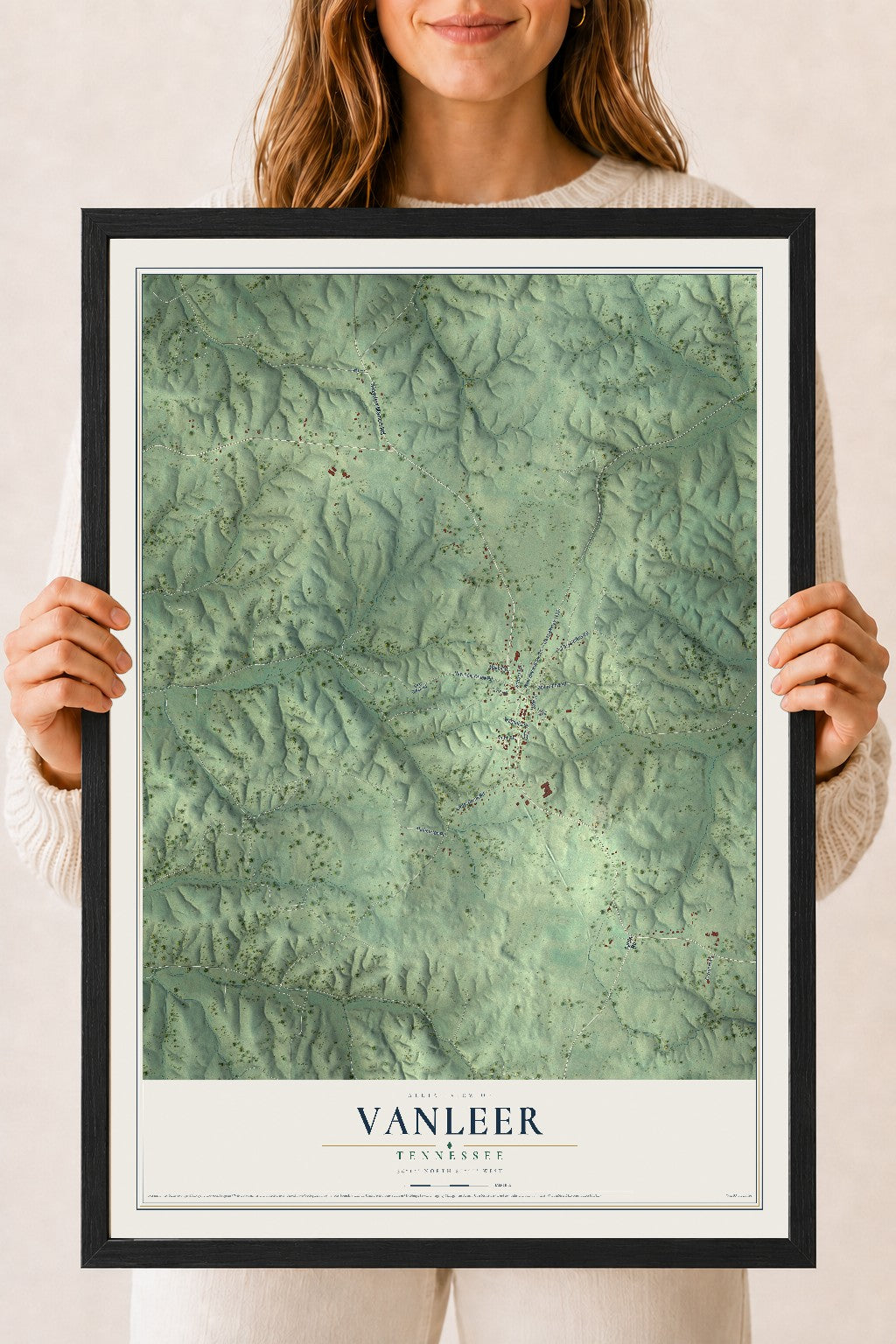 Map of Vanleer, Tennessee, 18 x 24 inch print in a black wood frame