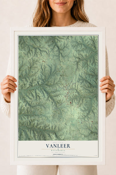 Map of Vanleer, Tennessee, 18 x 24 inch print in a white wood frame
