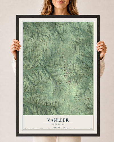 Map of Vanleer, Tennessee, 24 x 36 inch print in a black wood frame
