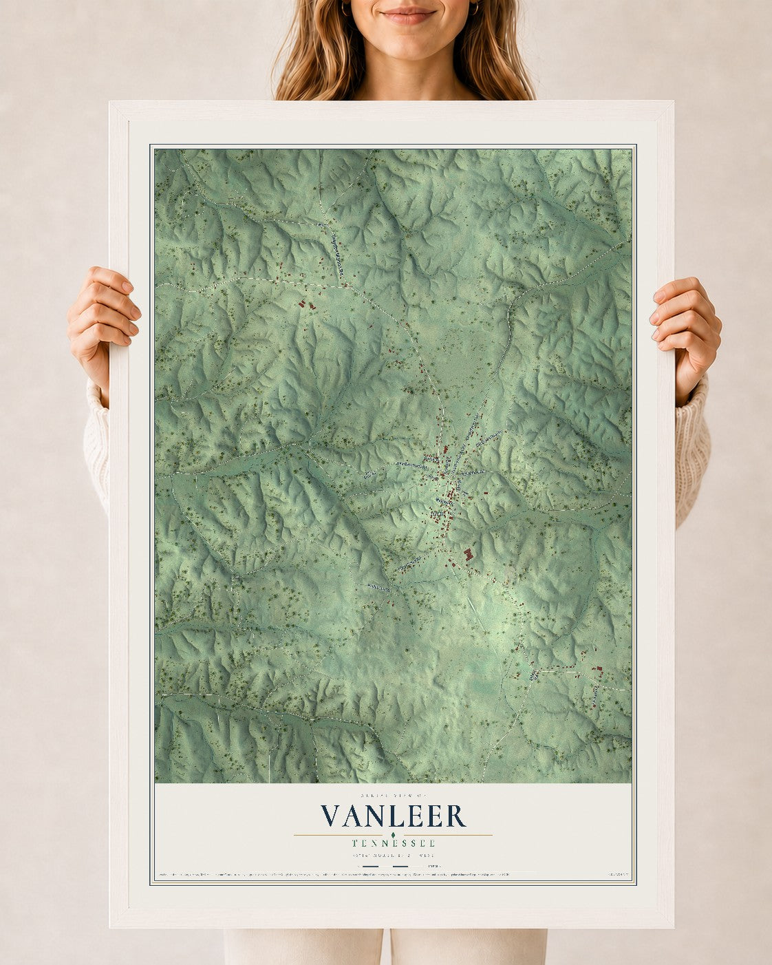 Map of Vanleer, Tennessee, 24 x 36 inch print in a white wood frame