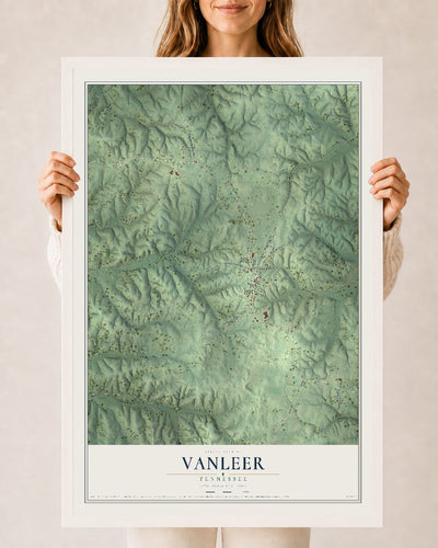 Map of Vanleer, Tennessee, 24 x 36 inch print in a white wood frame