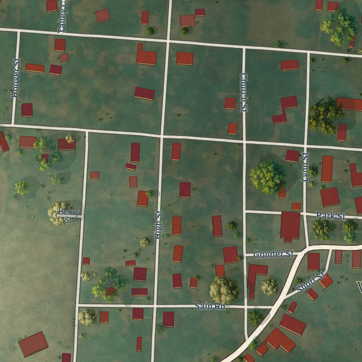 Close-up of the map of Viola, Tennessee print showing street and building detail
