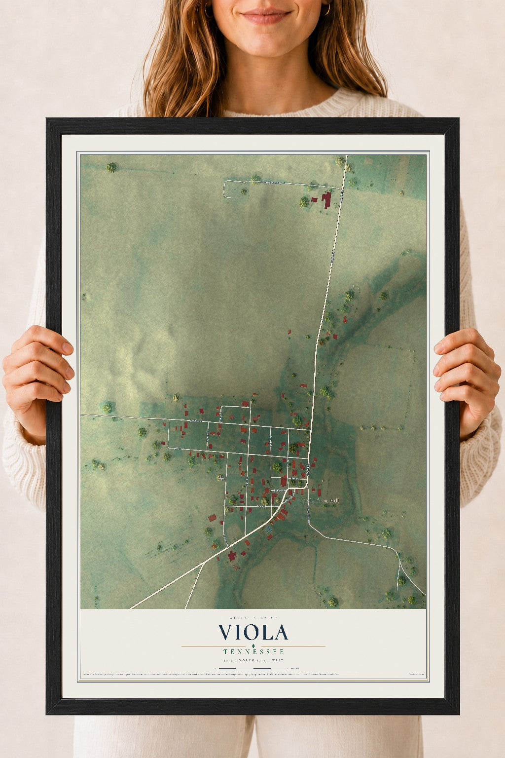 Map of Viola, Tennessee, 18 x 24 inch print in a black wood frame