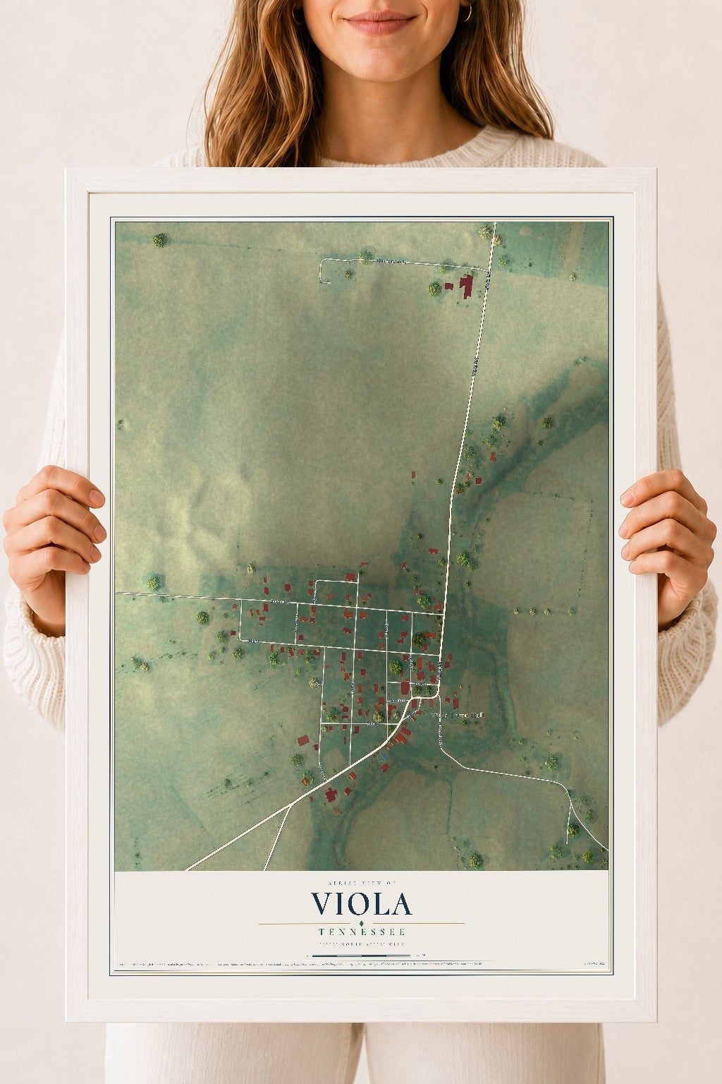 Map of Viola, Tennessee, 18 x 24 inch print in a white wood frame