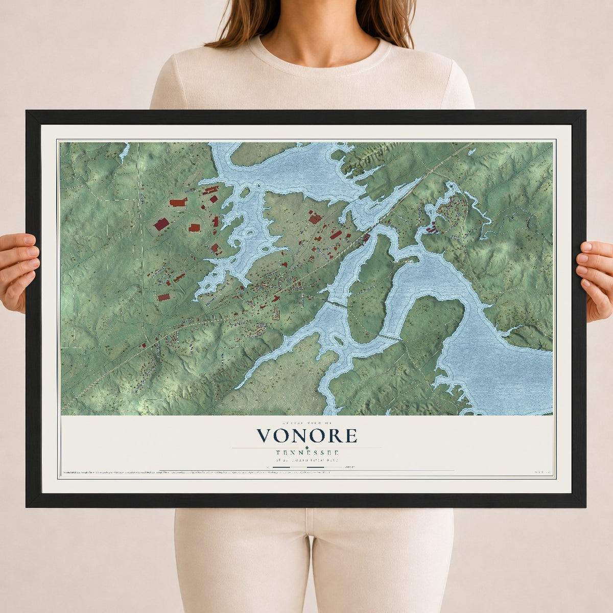 Map of Vonore, Tennessee, 18 x 24 inch print in a black wood frame