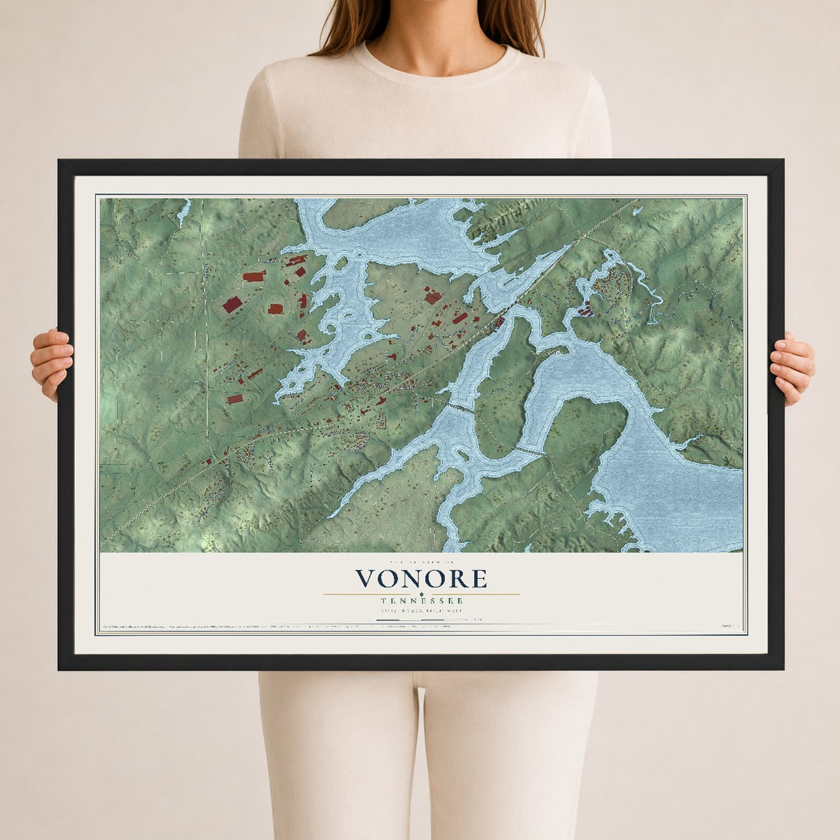 Map of Vonore, Tennessee, 24 x 36 inch print in a black wood frame