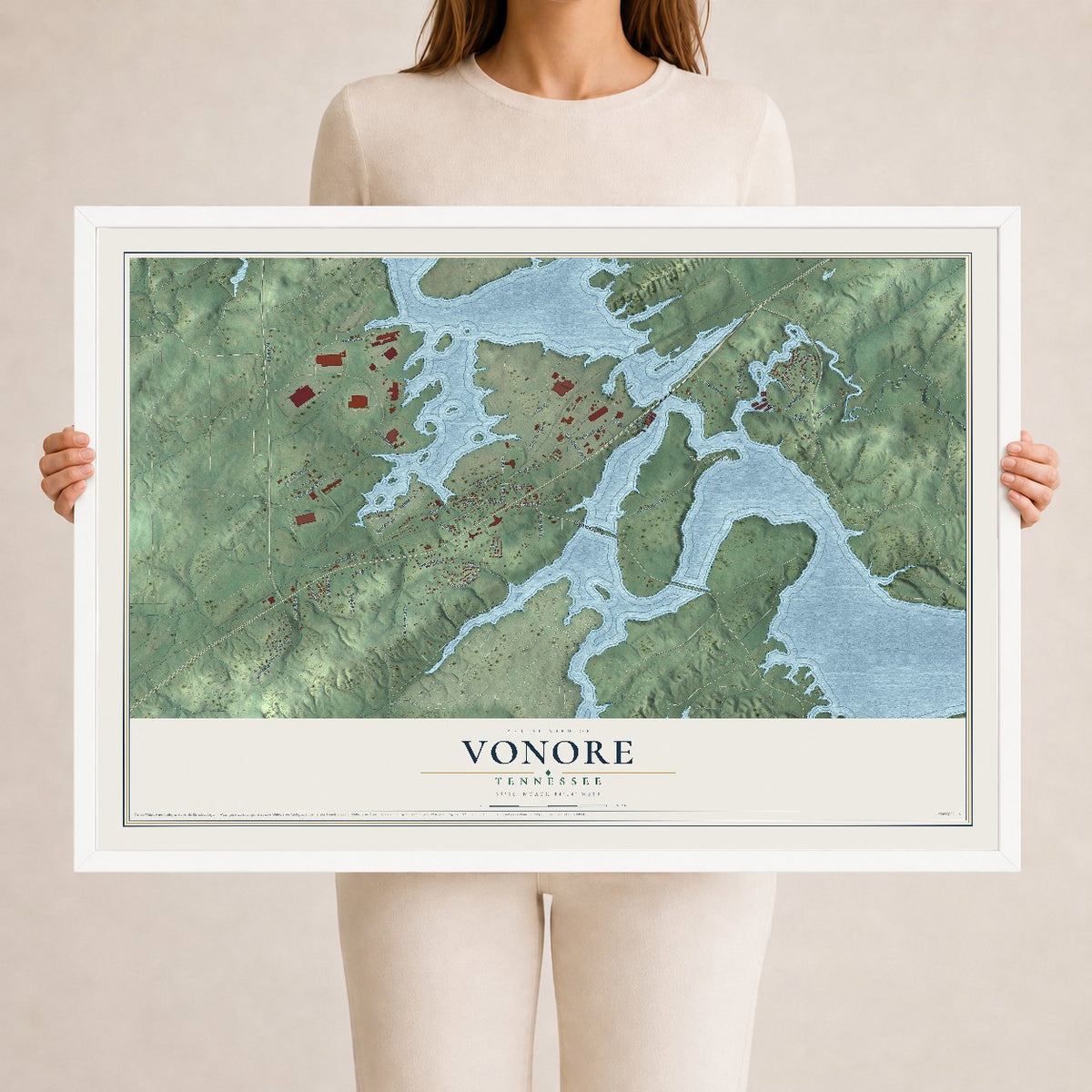 Map of Vonore, Tennessee, 24 x 36 inch print in a white wood frame