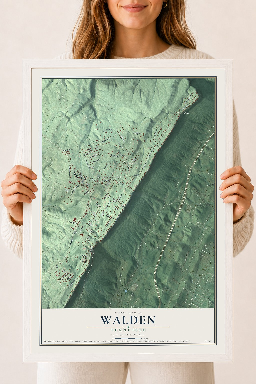 Map of Walden, Tennessee, 18 x 24 inch print in a white wood frame