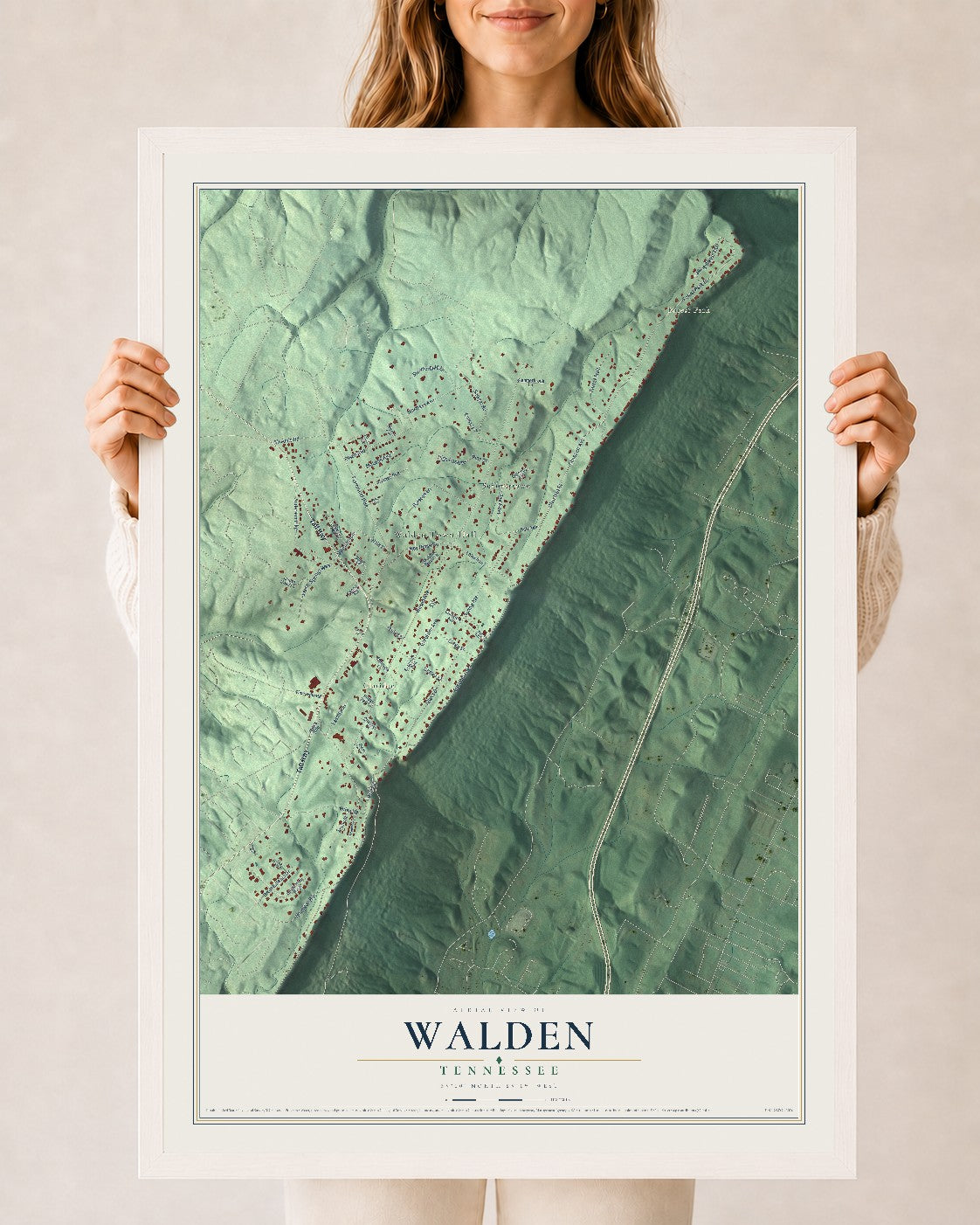 Map of Walden, Tennessee, 24 x 36 inch print in a white wood frame