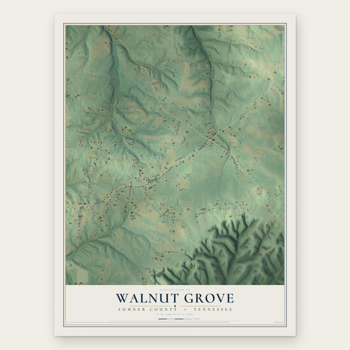 Walnut Grove, Sumner County, Tennessee map print, the full design