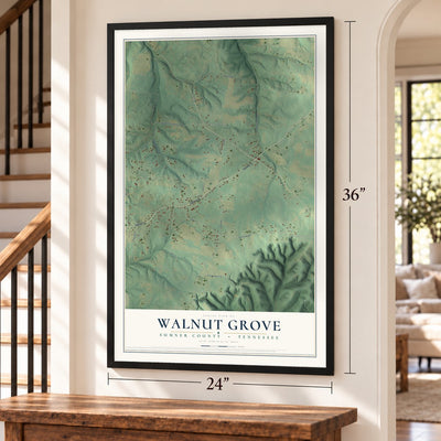Walnut Grove, Sumner County, Tennessee map, 24 x 36 inch print in a black frame by a staircase