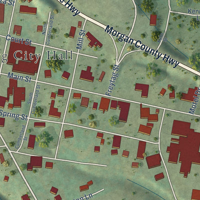 Close-up of the map of Wartburg, Tennessee print showing street and building detail