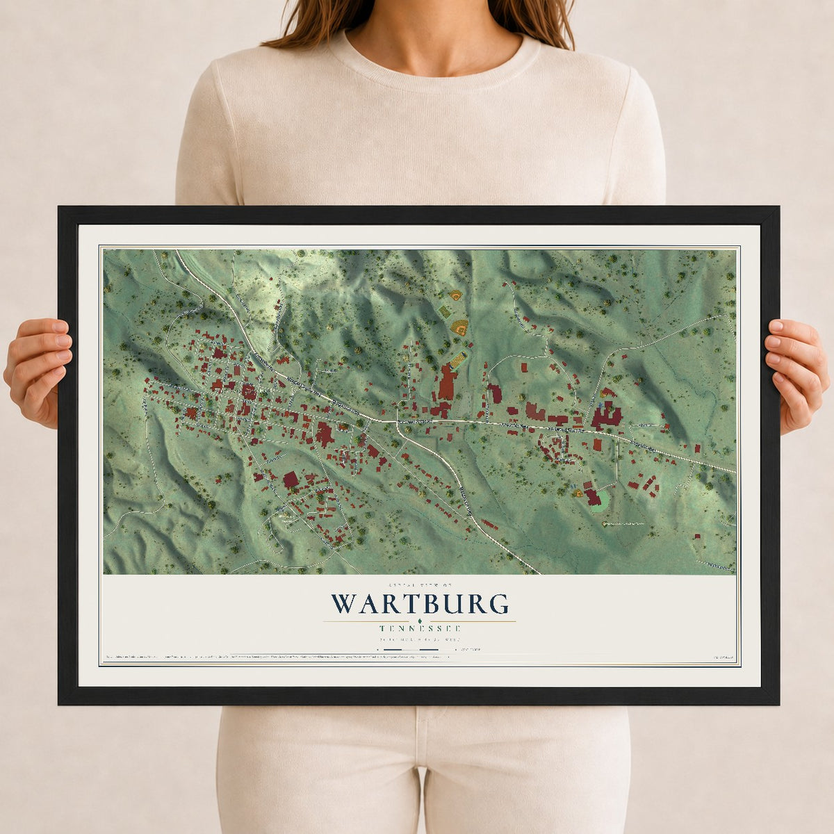 Map of Wartburg, Tennessee, 12 x 18 inch print in a black wood frame