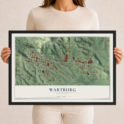Map of Wartburg, Tennessee, 12 x 18 inch print in a black wood frame