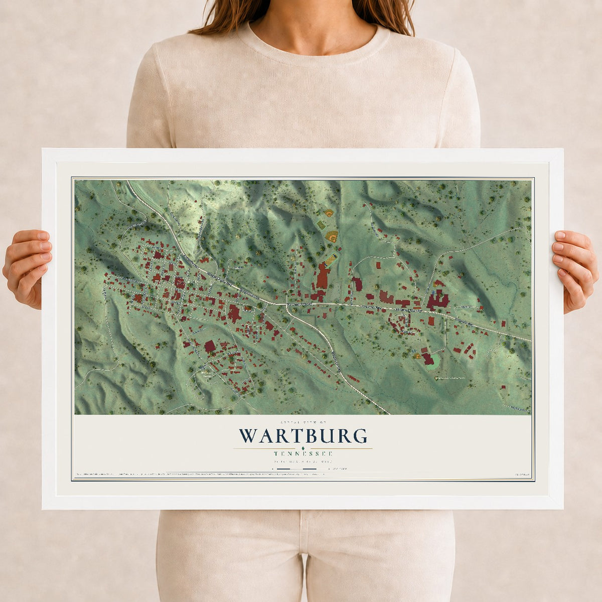 Map of Wartburg, Tennessee, 12 x 18 inch print in a white wood frame