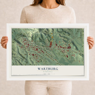 Map of Wartburg, Tennessee, 12 x 18 inch print in a white wood frame