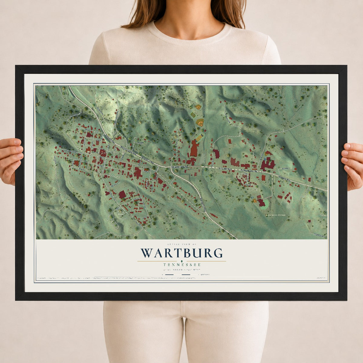 Map of Wartburg, Tennessee, 18 x 24 inch print in a black wood frame