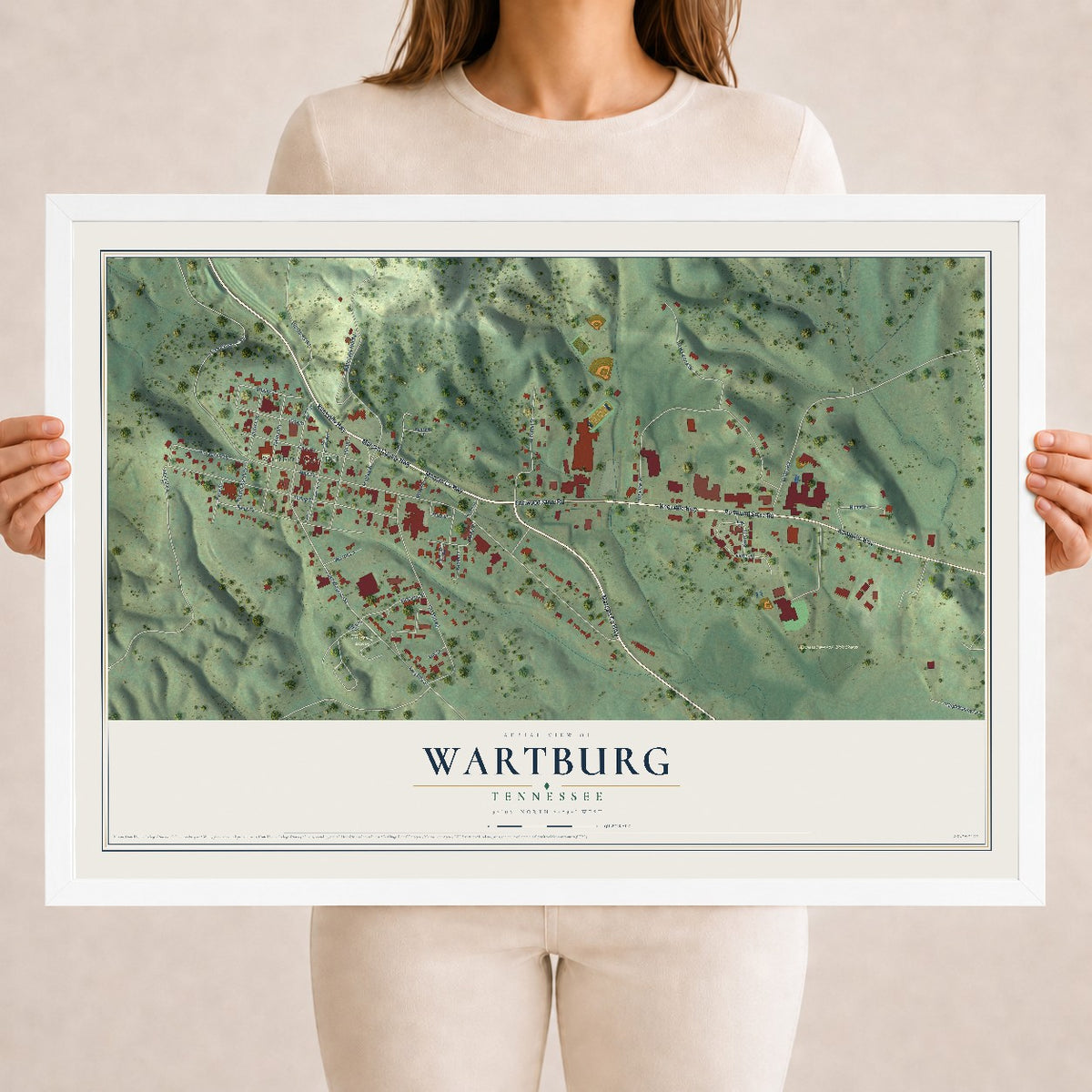 Map of Wartburg, Tennessee, 18 x 24 inch print in a white wood frame