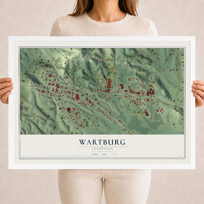 Map of Wartburg, Tennessee, 18 x 24 inch print in a white wood frame