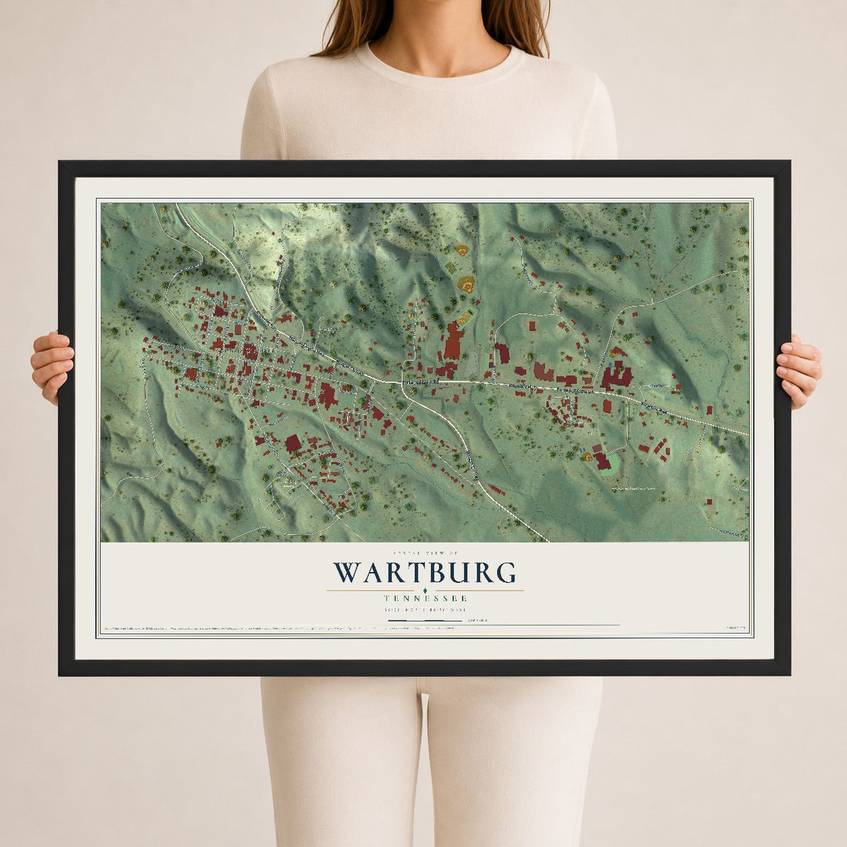 Map of Wartburg, Tennessee, 24 x 36 inch print in a black wood frame