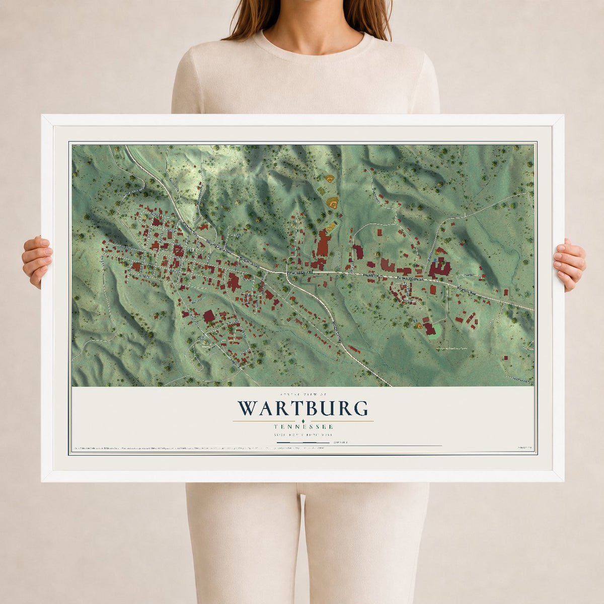 Map of Wartburg, Tennessee, 24 x 36 inch print in a white wood frame