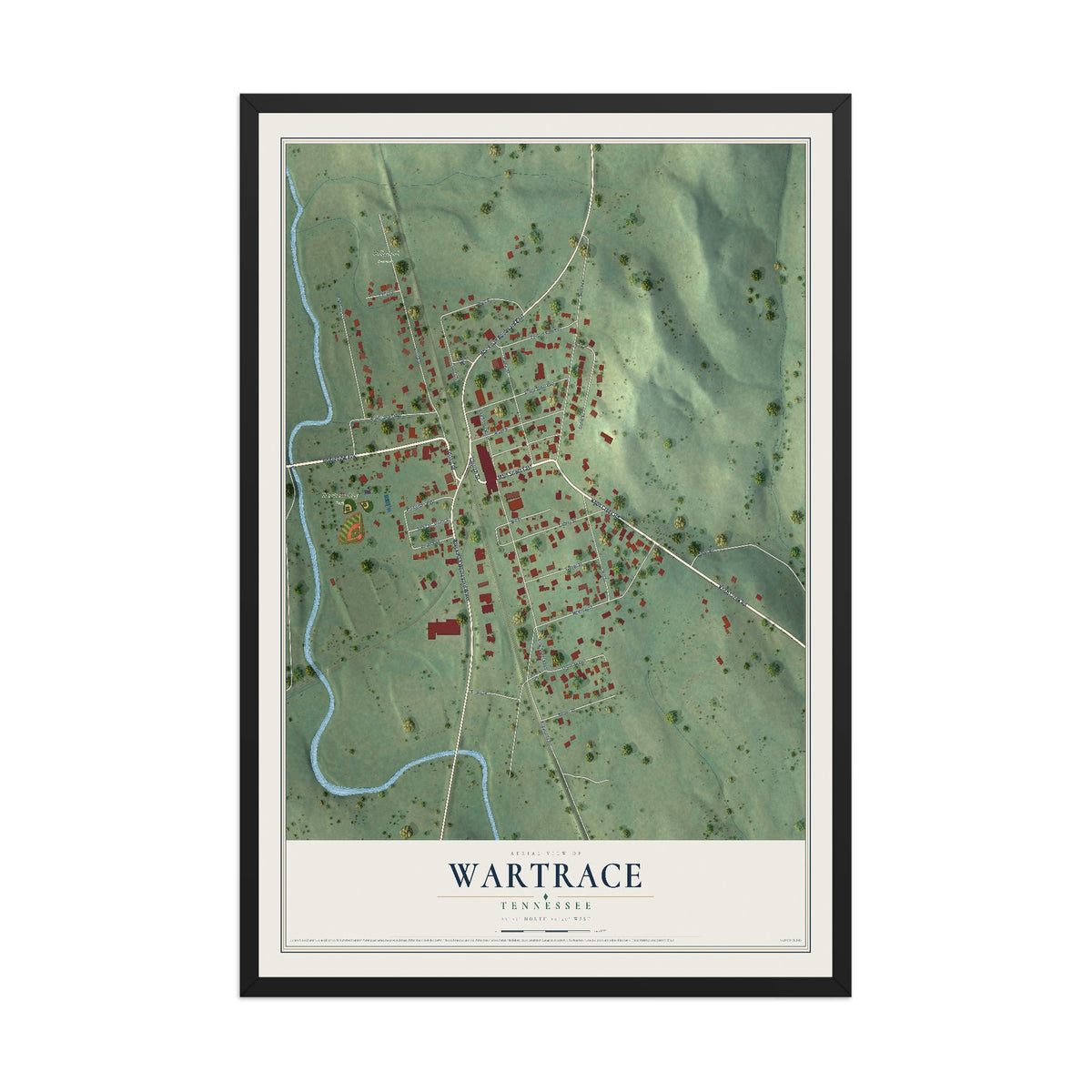 Map of Wartrace, Tennessee, 12 x 18 inch print in a black wood frame