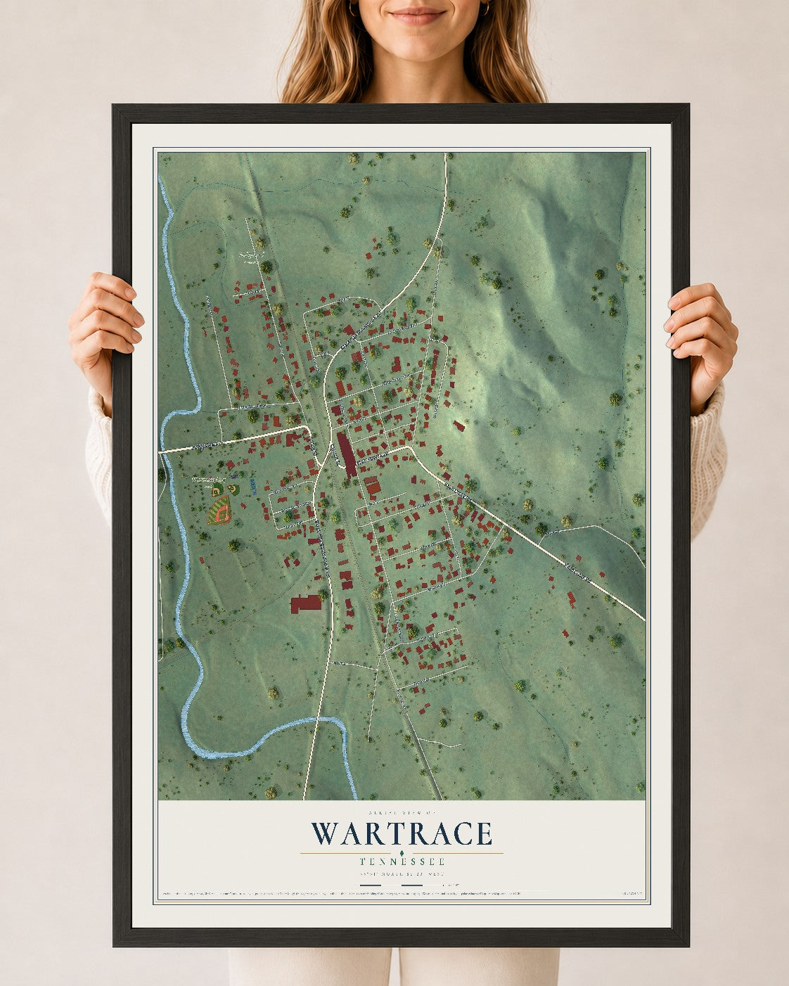 Map of Wartrace, Tennessee, 24 x 36 inch print in a black wood frame
