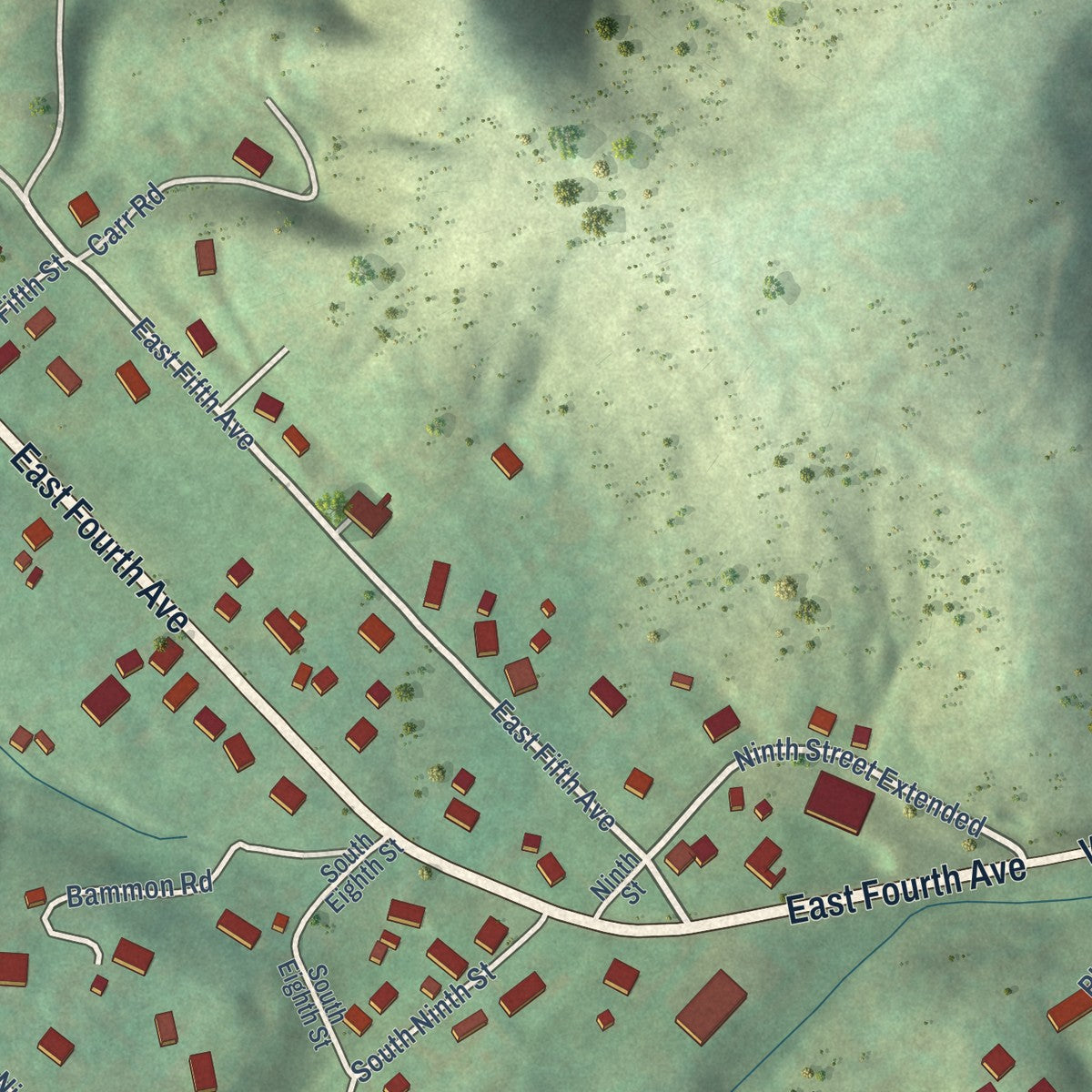 Second close-up of the map of Watauga, Tennessee print showing more streets and buildings