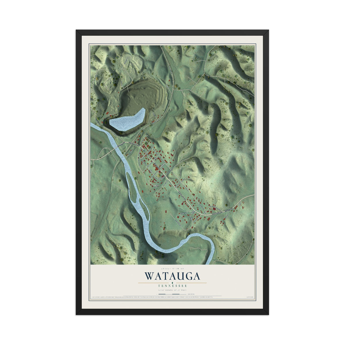 Map of Watauga, Tennessee, 12 x 18 inch print in a black wood frame
